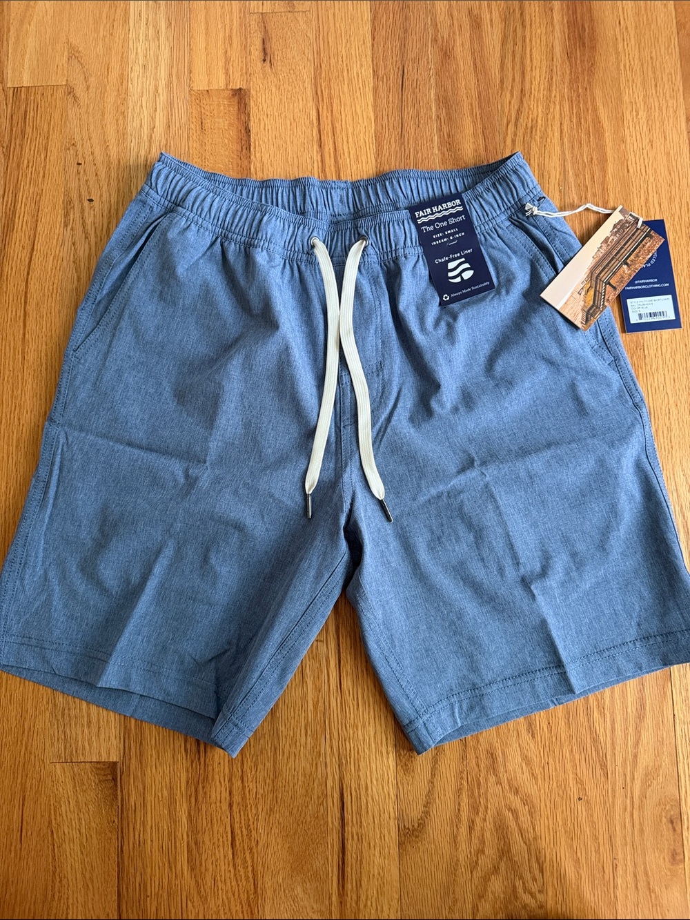 Fair Harbor Chambray Blue Elastic-Waist Shorts with White Drawstring